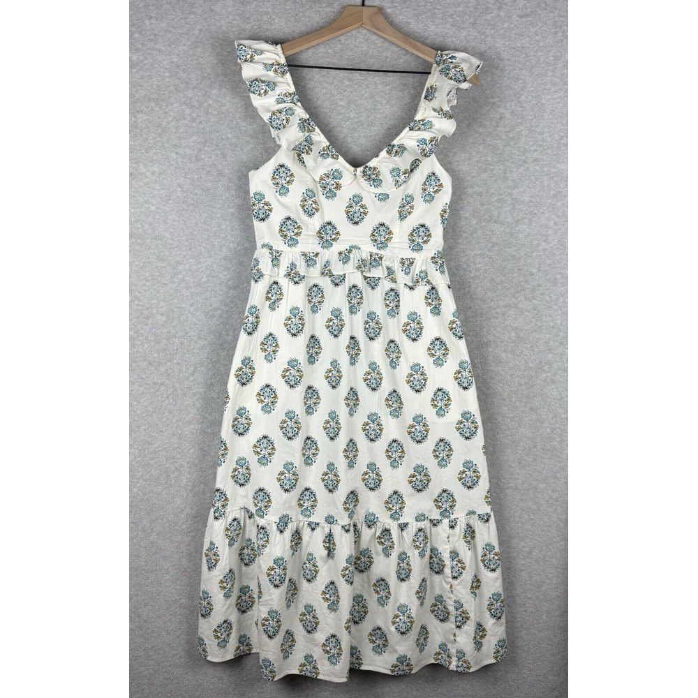 J Crew Dress Womens 6 Beige Blue Floral Preppy Wedding Garden Party Ruffle